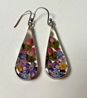 Pendientes de plata de ley flores secas en Lucita México colgante lágrima Foto 1 de 4