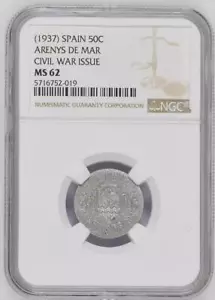 W Spain (1937) 50 Centimos NGC MS 62 Arenys de Mar, 5716752019  - Picture 1 of 2