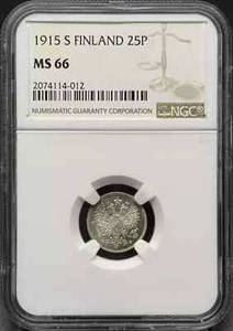1915 S Finland Silver 25 PENNIA NGC MS-66 S - Picture 1 of 2