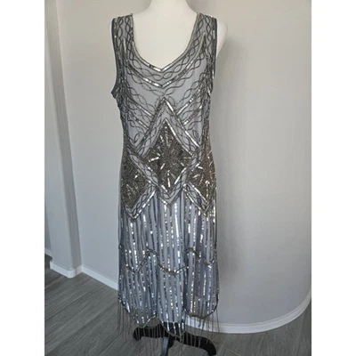 Vestido Gatsbylady London Aleta Lentejuelas Cuentas Hada Art Deco Malla Plateada Talla 12 Foto 1 de 4