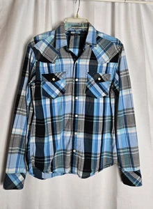 CJ Black Medium Slim Fit Mens Western Shirt Blue Black Gray Plaid Long Sleeve - Picture 1 of 8