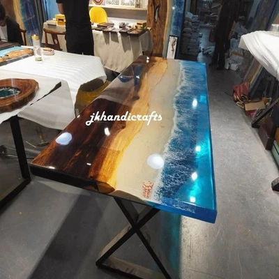 Ocean River Live Edge Wood & Blue Epoxy Resin River Table – Modern Rustic Table - Image 1 of 4