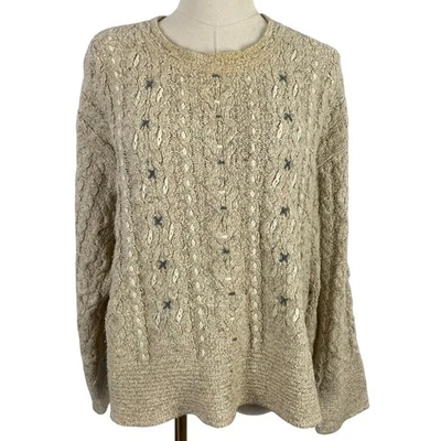 Vintage Y2K Liz Claiborne Large Cotton Blend Tan Chunky Knit Cottagecore Sweater - Image 1 of 4