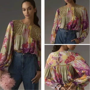 Anthropologie Bl^nk London Miranda Bauern Blumen Bluse Pailletten Edition Medium - Bild 1 von 14