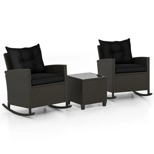 3 PCS Patio Wicker Rocking Set w/ Tempered Glass Table & So' Cushions Outdoor - Picture 1 of 10
