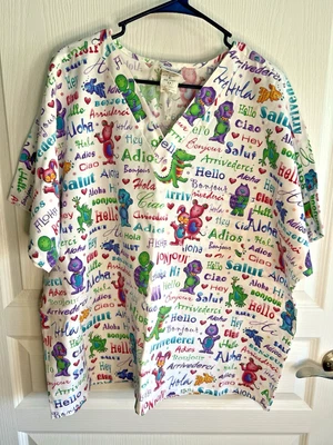 Hello Aloha Adios Salut Ciao Animal Scrub Top Size XL White Medical Smock Vet - Image 1 of 4