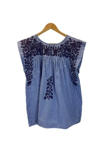 Women’s Size L Embroidered Mexican Gingham Blouse Top Purple Floral Festival - Picture 1 of 7