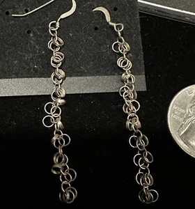 Brutalist Shiny Silver Sterling Geometric Circles Dangle Earrings Chain Fringe - Picture 1 of 5