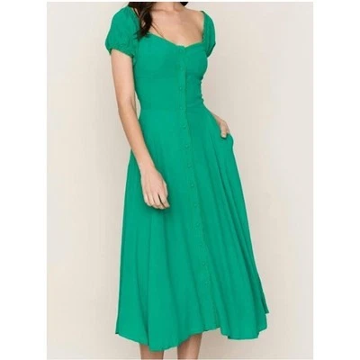 Vestido Milkmaid Feminino Yumi Kim Tamanho XS Verde Manga Folhada Midi Cottage Prairie - Imagem 1 de 4