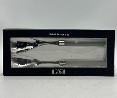 Oleg Cassini Salad Server Set Chrome Metal & Fluted Crystal Handles Gift Box - Image 1 of 4