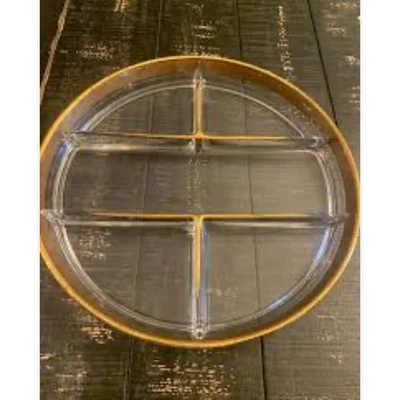 Vintage Art Deco Glass Divided Serving Tray  Gold Floral Rim Dish Platter MCM - Image 1 of 4