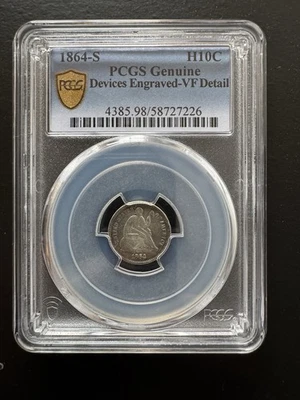 1864 S Seated Liberty Half Dime  PCGS VF Details - Damage - Image 1 of 3