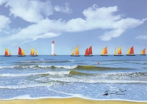 Postkarte: Soizick Meister - Segelschiffe und Leuchtturm - Bild 1 von 1