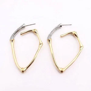 Gold Plated CZ Bamboo Shape Huggie Earrings - Picture 1 of 6