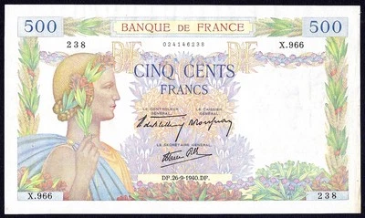 FRANCE 500 FRANCS 1940  P-95a  XF+ - Image 1 of 2