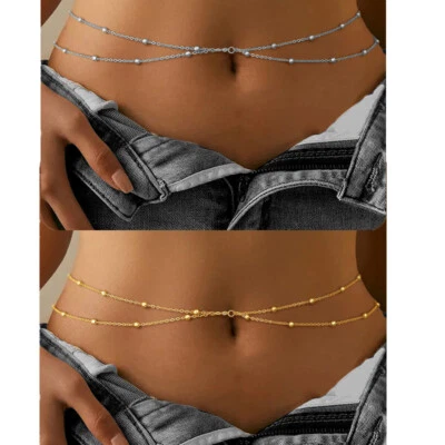 2pcs 14K Gold Plated Layered Belly Waist Chain for Women Bikini Summer Chain Adj - Image 1 of 4
