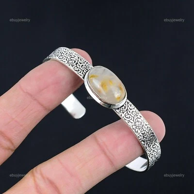 925 Sterling Silver Oval Golden Rutile Stone Sister Art Deco New Bangle Bracelet - Image 1 of 4