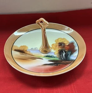 VTG NORITAKE LUSTERWARE HANDLED 6.75” ROUND CHIKAMAMACHI HAND-PAINTED SCENE EUC - Picture 1 of 8