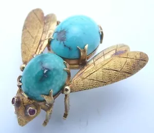 18K Gold Turquoise Bumblebee Brooch - Picture 1 of 9