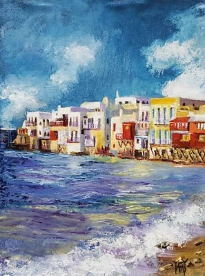 YARY DLUHOS Mykonos Grecia Mediterránea Isla Griega Arte Original Pintura al Óleo Foto 1 de 4