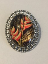 brooch , plus gift bag Antique silver oval Orange flower