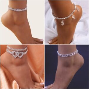 Women Heart Crystal Anklet Bracelet 925 Silver Ankle Charm Foot Chain Beach Gift