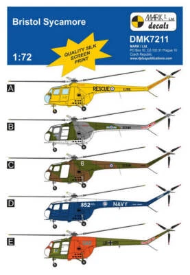 Mark I Decals DMK7211 1:72 Bristol Sycamore (5x Camo Schemata), für S&M, DF HeloS