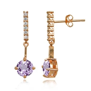 Round Amethyst & White Topaz Bar Rose Gold Plated 925 Silver Dangle Earrings - Picture 1 of 3