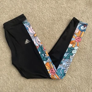 Adidas Aeroready Black Floral Stretch Leggings Girl’s Size M (10/12) - Picture 1 of 8