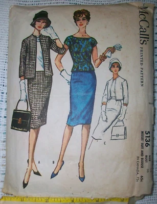 McCalls Vintage 50s Sewing Pattern 5136 Jacket Straight Skirt Suit Blouse Sz 16 Foto 1 de 2