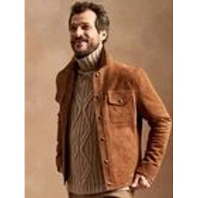 NWOT Banana Republic BR K LOVE 18 Mens Camel Brown Goat Suede Trucker Jacket M - Image 1 of 4