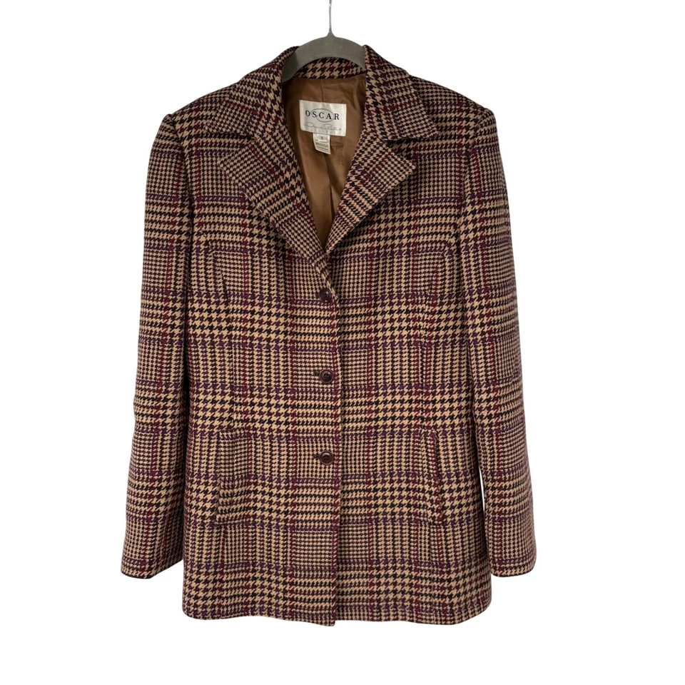 Chaqueta Blazer Oscar de la Renta Pata de Gallo Mezcla Lana Borgoña Beige Talla 8 Mujer Foto 1 de 4