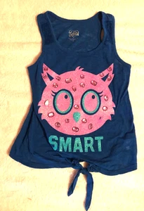 Justice brand sleeveless blue tee preteen girl size 10 cotton blend owl graphic - Picture 1 of 3
