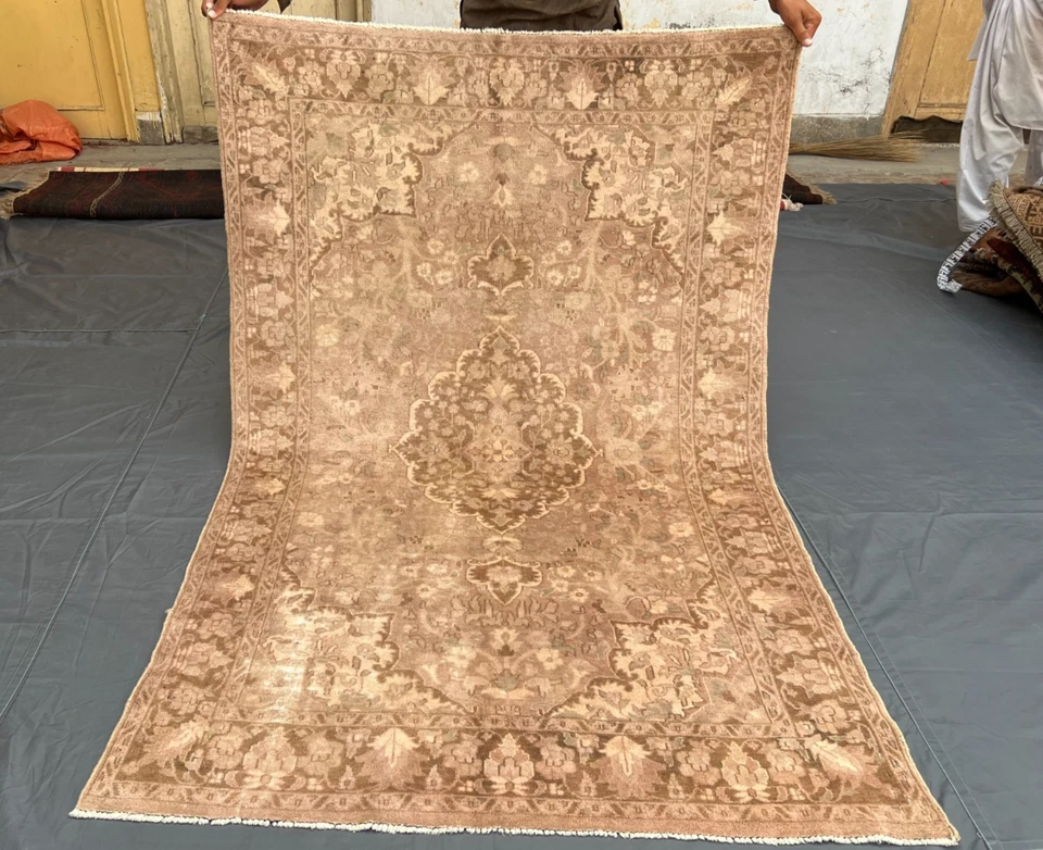 3x6 Faded Afghan Chobi Rug – Soft Brown & Taupe Floral Medallion – Distressed - Image 1 of 4
