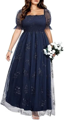 Maxi Vestido Pinup Moda Floral Bordado Tul Semi Formal Azul Talla 16 Plus Foto 1 de 4