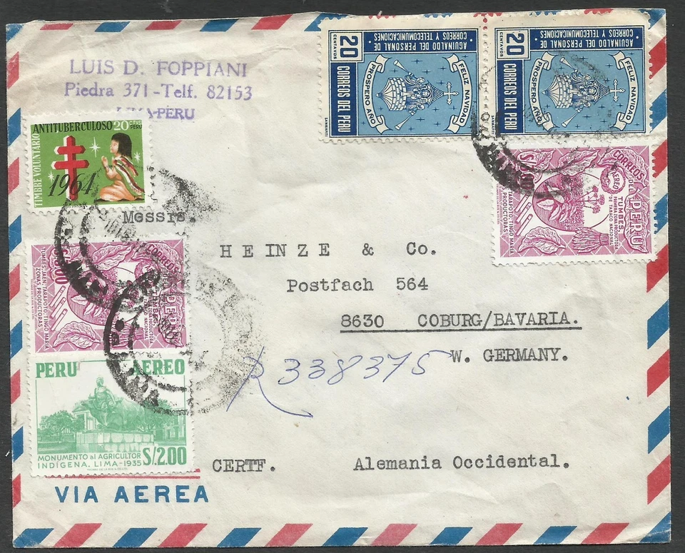 PERU to GERMANY Airmail Cover 1964 TUBERCULOSIS Cinderella - Image 1 of 1