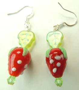 Red Strawberry Lampwork Earrings Green Czech Leaves & Crystal Handmade Jewelry - Picture 1 of 1