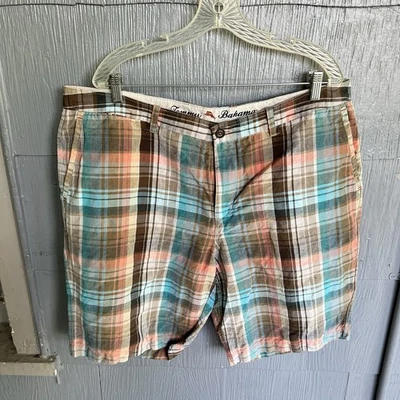 Pantalones Cortos Chinos Tommy Bahama Para Hombres 40 Marrón Cuadros Lino Mezcla Tencel Golf Playa Foto 1 de 4