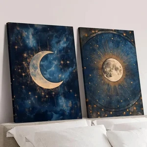 2pcs Sun and Moon Crescent Celestial Painting Wall Art Canvas Unframed - Picture 1 of 5