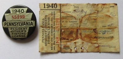Pennsylvania 1940 - PA. Residente Pinback y papel LICENCIA DE PESCA - estado de relleno. Foto 1 de 4
