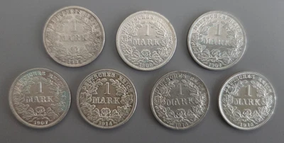 7 x 1 Mark Kaiserreich Jäger 17 1905A 1906F 1907A 1907D 1914F 1915A 1915D - Bild 1 von 4