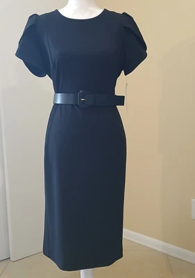 Calvin Klein Belted Tulip Sleeve Black Sheath Dress size 12 - Image 1 of 4