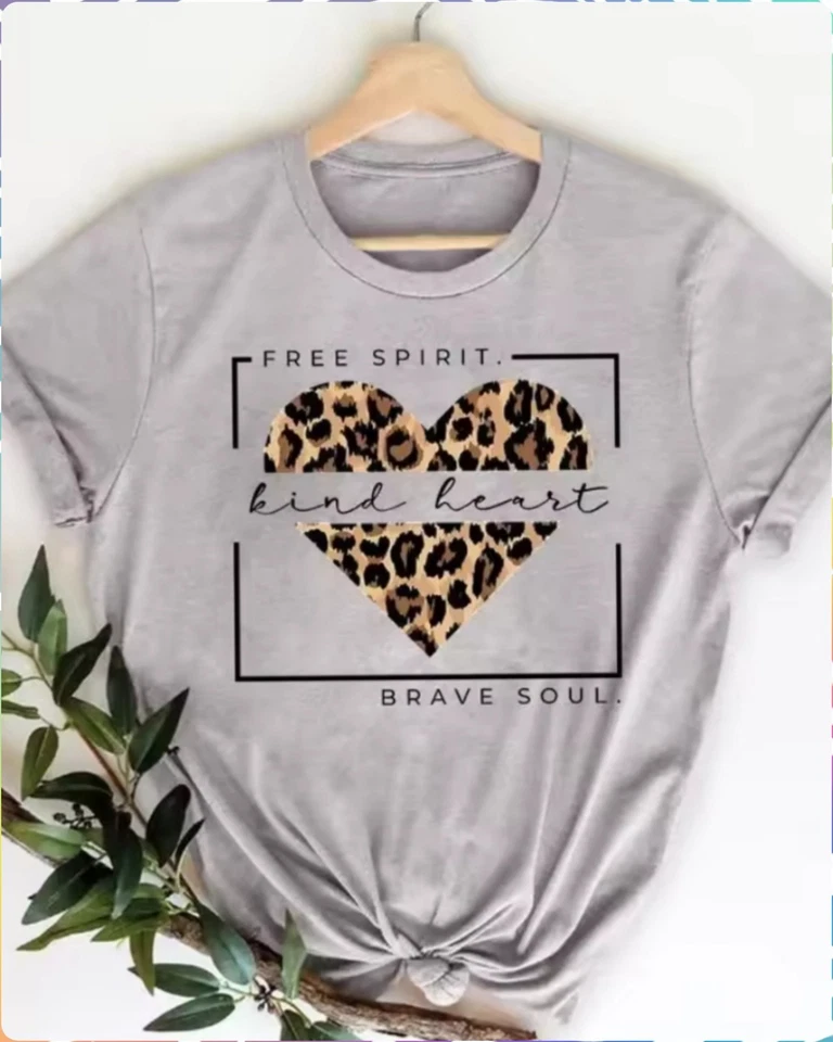 Ladies  Kind Heart Free Spirit  Summer T-Shirt Short Sleeve  Top (Size : S/M/L) - Image 1 of 1