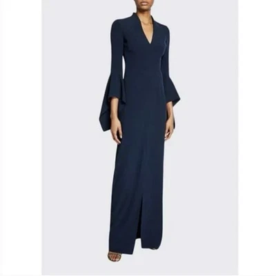 Maxi Vestido Halston Manga Volante Crepé Azul Marino Talla 14 Venta al por menor $425 Foto 1 de 4