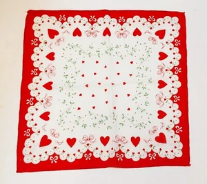 Pañuelo vintage de algodón de San Valentín pañuelo 12" corazones rojos lazos flores - Imagen 1 de 2
