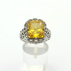 Sterling Silver Canary Yellow Cubic Zirconia Carved Filigree Deco Style Ring Sz6