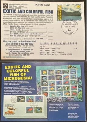Micronesia 20c Fish stamps on promotional postal cards 1996 to US *d - Image 1 of 3