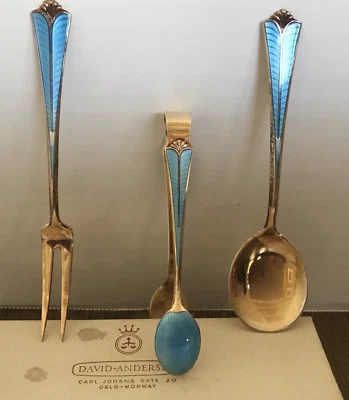 Piezas para servir David Andersen Noruega MCM oro esterlina y esmalte 1925-1950 Foto 1 de 3