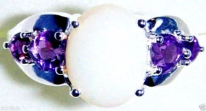 WHITE OPAL OVAL SOLITAIRE & PURPLE AMETHYST HEART RING, SILVER, SIZE 7, 2.45(TCW - Picture 1 of 12