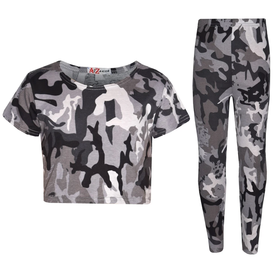 Girls Charcoal Designer's Camouflage Print Trendy Crop Top Legging Set 7-13 Year - Image 1 of 1